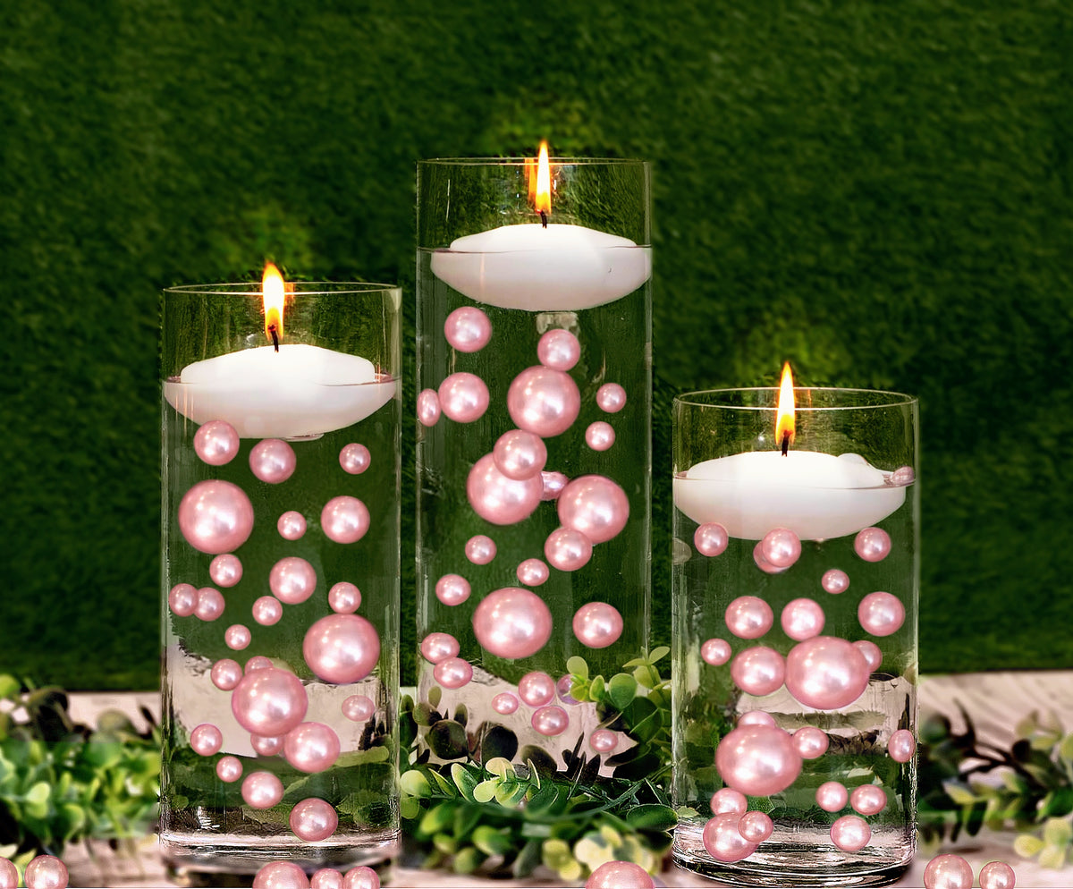 100 Floating Light Pink Pearls with Pink Sparkling Gems- Large Sizes- Fills 2 Gallons of The Floating Transparent Water Gels for Your Vases- Option: 6 Submersible Fairy Lights Strings