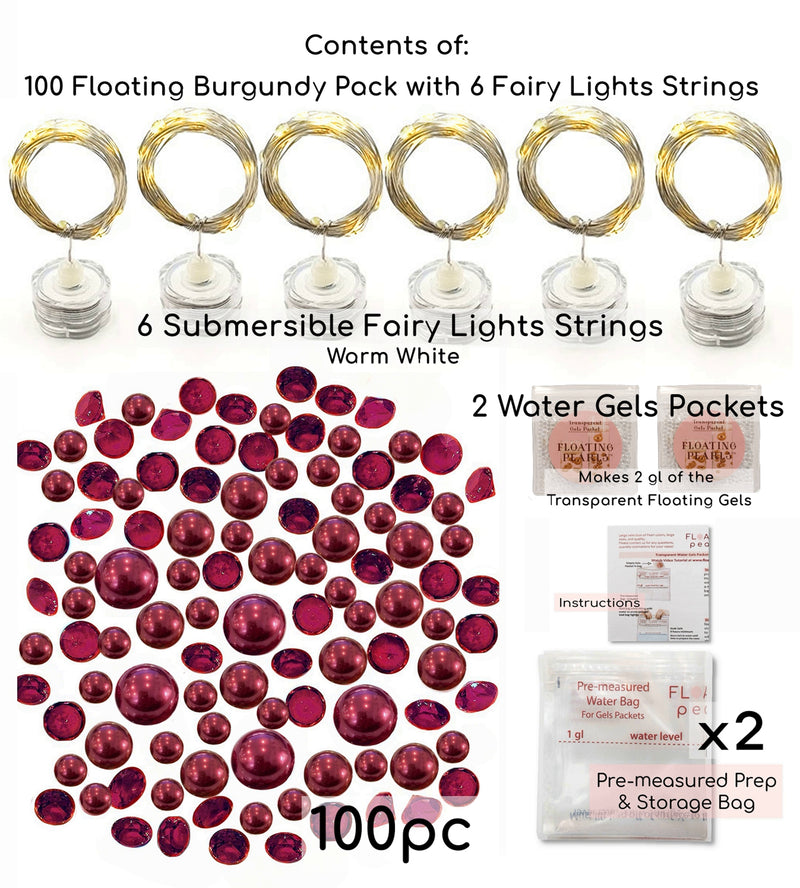 100 Floating Burgundy Pearls with Matching Sparkling Gems-Large Sizes-Fills 4 Medium Size Vases of The Floating Transparent Gels-Measured Gels Prep Bags-Option of 6 Submersible Fairy Lights Strings