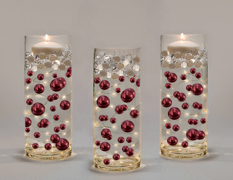 50 Floating Burgundy Pearls- Large- Fills 1 Gallon of the Floating Transparent Gels for Vases- With Measured Gels Kit- Option 3 Fully Led Fairy Lights Strings