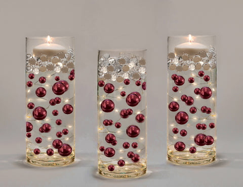 50 Floating Burgundy Pearls- Large- Fills 1 Gallon of the Floating Transparent Gels for Vases- With Measured Gels Kit- Option 3 Fully Led Fairy Lights Strings
