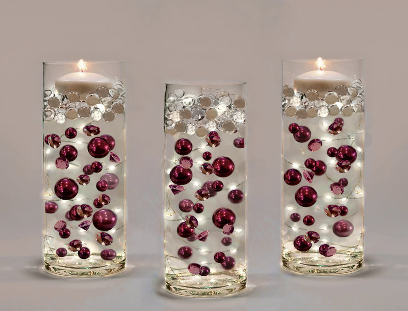 100 Floating Burgundy Pearls with Matching Sparkling Gems-Large Sizes-Fills 4 Medium Size Vases of The Floating Transparent Gels-Measured Gels Prep Bags-Option of 6 Submersible Fairy Lights Strings