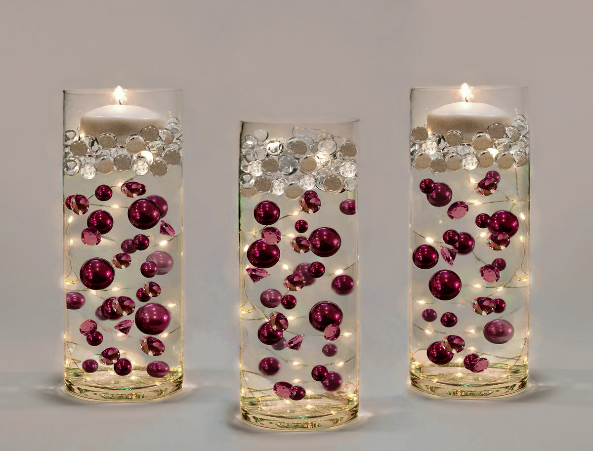 100 Floating Burgundy Pearls with Matching Sparkling Gems-Large Sizes-Fills 4 Medium Size Vases of The Floating Transparent Gels-Measured Gels Prep Bags-Option of 6 Submersible Fairy Lights Strings