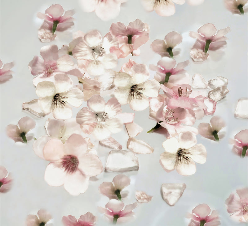 60 Floating Ivory White Light Pink Cherry Blossoms Flowers- Matching Pebbles & Pearls- Fills 1 Gallon of the Floating Transparent Water Gels for Your Vases- With Exclusive Measured Prep Bag- And Option of 3 Submersible Fairy Lights Strings