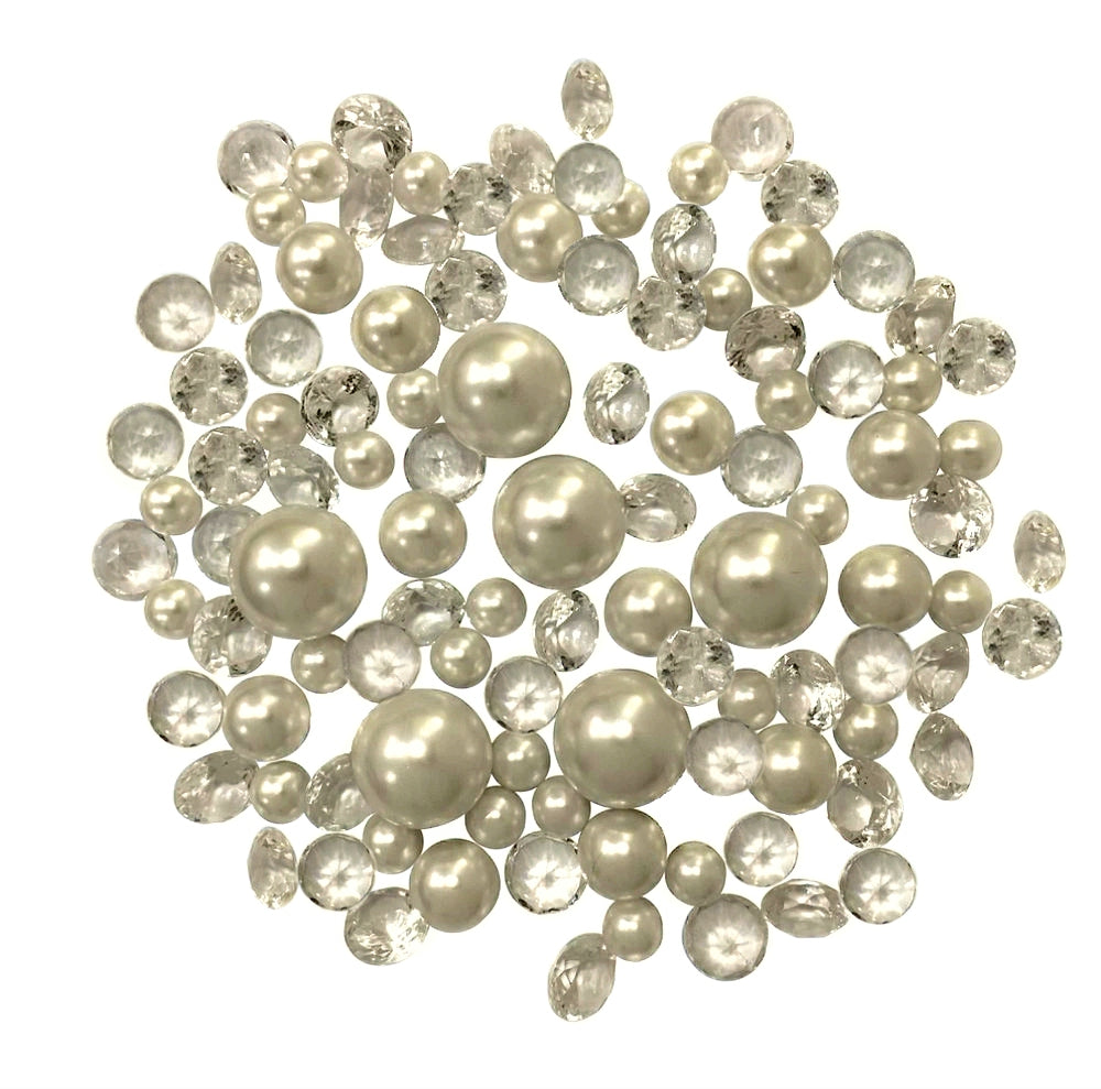 100 Floating Ivory Pearls and Ivory Gems - Large Sizes - Fills 2 Gallons of the Transparent Water Gels for the Floating Effect- With Exclusive Measured Prep Bags - Option: 6 Submersible Fairy Lights Strings