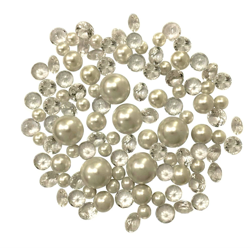 100 Floating Ivory Pearls and Ivory Gems - Large Sizes - Fills 2 Gallons of the Transparent Water Gels for the Floating Effect- With Exclusive Measured Prep Bags - Option: 6 Submersible Fairy Lights Strings