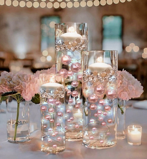 100 Floating Light Pink Pearls with Pink Sparkling Gems- Large Sizes- Fills 2 Gallons of The Floating Transparent Water Gels for Your Vases- Option: 6 Submersible Fairy Lights Strings