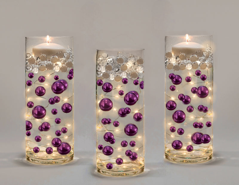 75 Floating Purple Plum Pearls Large Sizes- Fills 1 Gallon of The Floating Transparent Water Gels for Your Vases- 3 Submersible Fairy Lights Strings