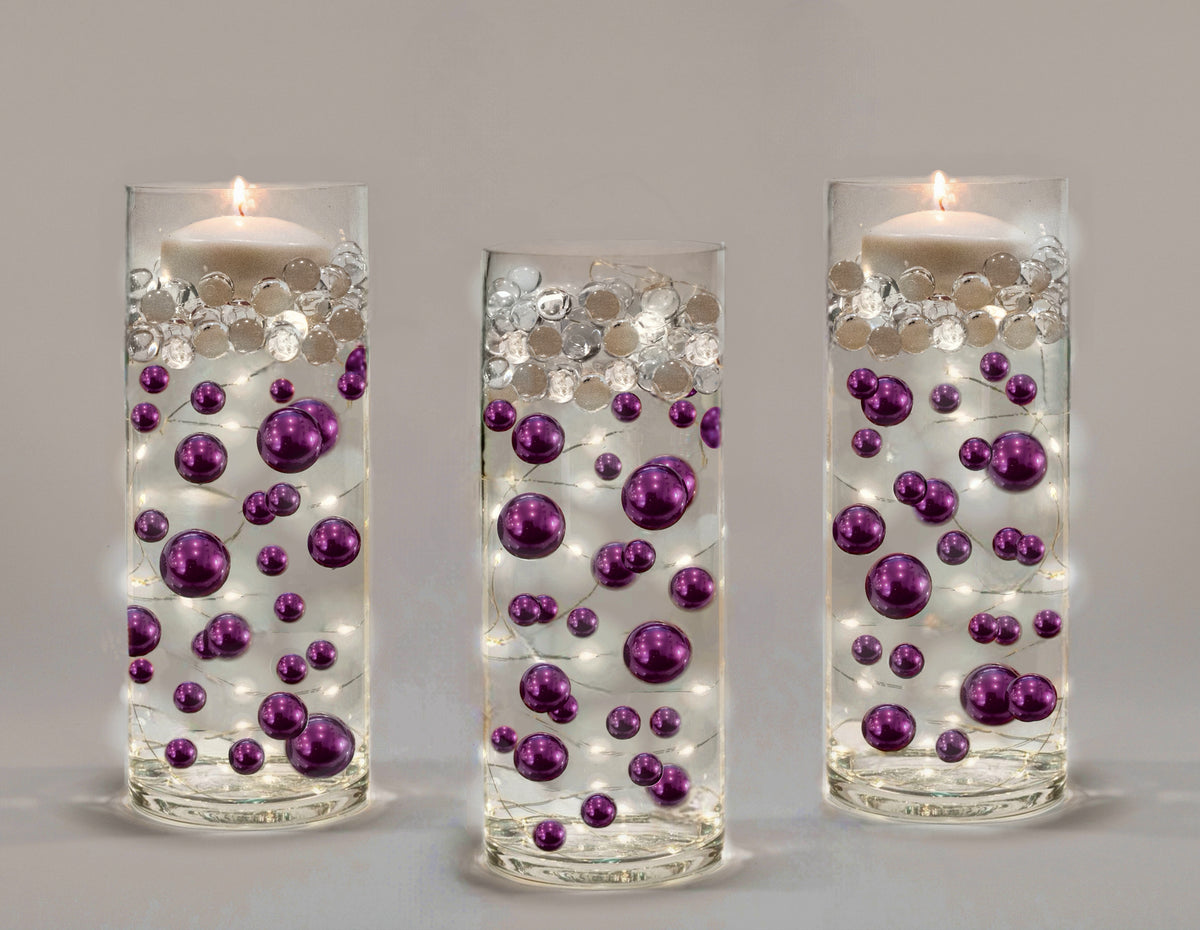 75 Floating Purple Plum Pearls Large Sizes- Fills 1 Gallon of The Floating Transparent Water Gels for Your Vases- 3 Submersible Fairy Lights Strings