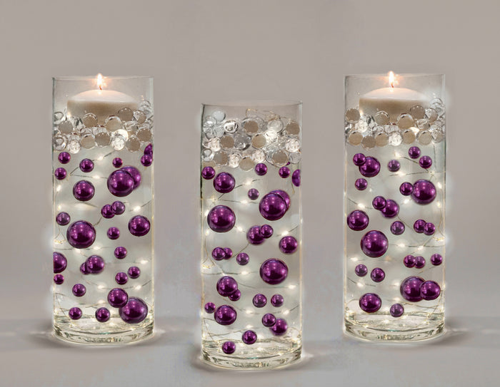 75 Floating Purple Plum Pearls Large Sizes- Fills 1 Gallon of The Floating Transparent Water Gels for Your Vases- 3 Submersible Fairy Lights Strings