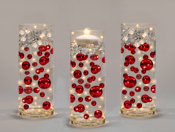 100 Floating Red Pearls and Sparkling Gems- Large Sizes- Option of 3 Submersible Fairy Lights Strings Hidable Submersible Batteries- 2 Gallons of Transparent Water Gels for Vases