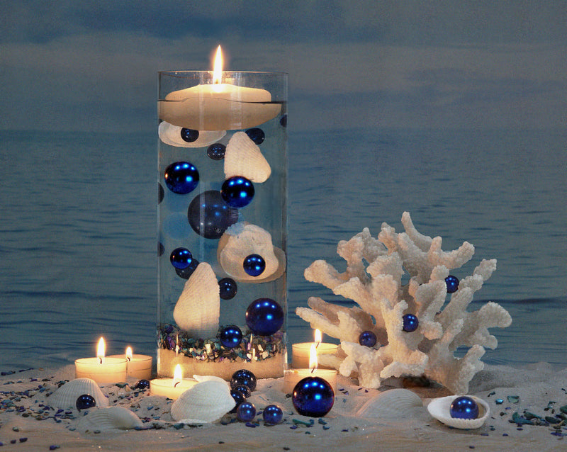 100 Floating White Seashells- White Coral Reef-Pearls-Aqua Sea Color Gels- Fills 1 Gallon for Your Vases- With Pre-Measured Prep Bag-Option of 3 Submersible Fairy Lights Strings