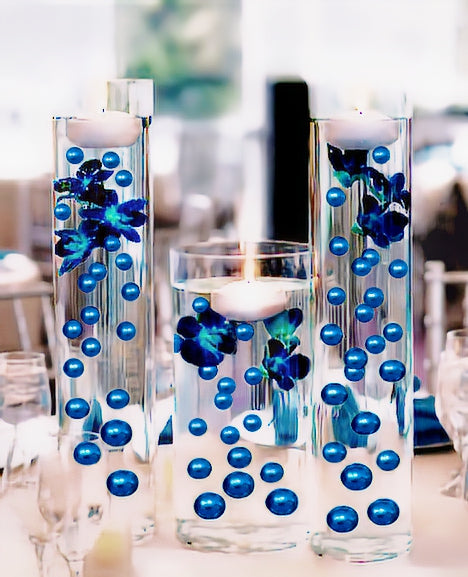 115 Floating Royal Blue/Navy Pearls Large Sizes- Option of 6 Submersible Fairy Lights Strings Hidable Submersible Batteries- 2 Gallons of Transparent Water Gels for Vases