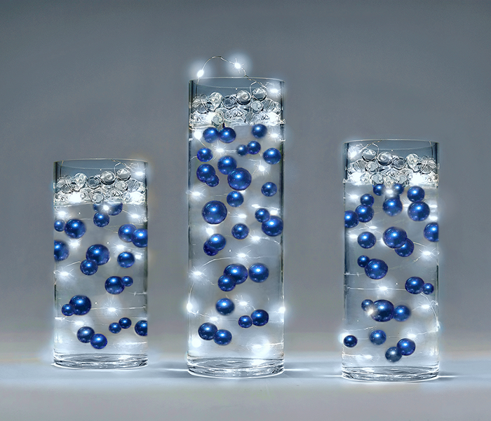 75 Floating Royal Blue (Navy) Pearls Large Sizes- Option of 3 Submersible Fairy Lights Strings Hidable Submersible Batteries- 1 Gallon of Transparent Water Gels for Vases