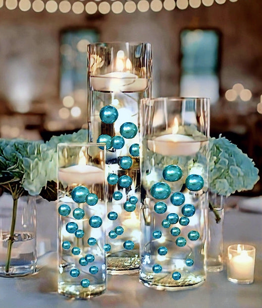 50 Floating Turquoise Blue/Teal Pearls-Fills 1 Gallon of The Transparent Gels for The Floating Effect-With Measured Gels Prep Bag-Option of 3 Fairy Lights Strings