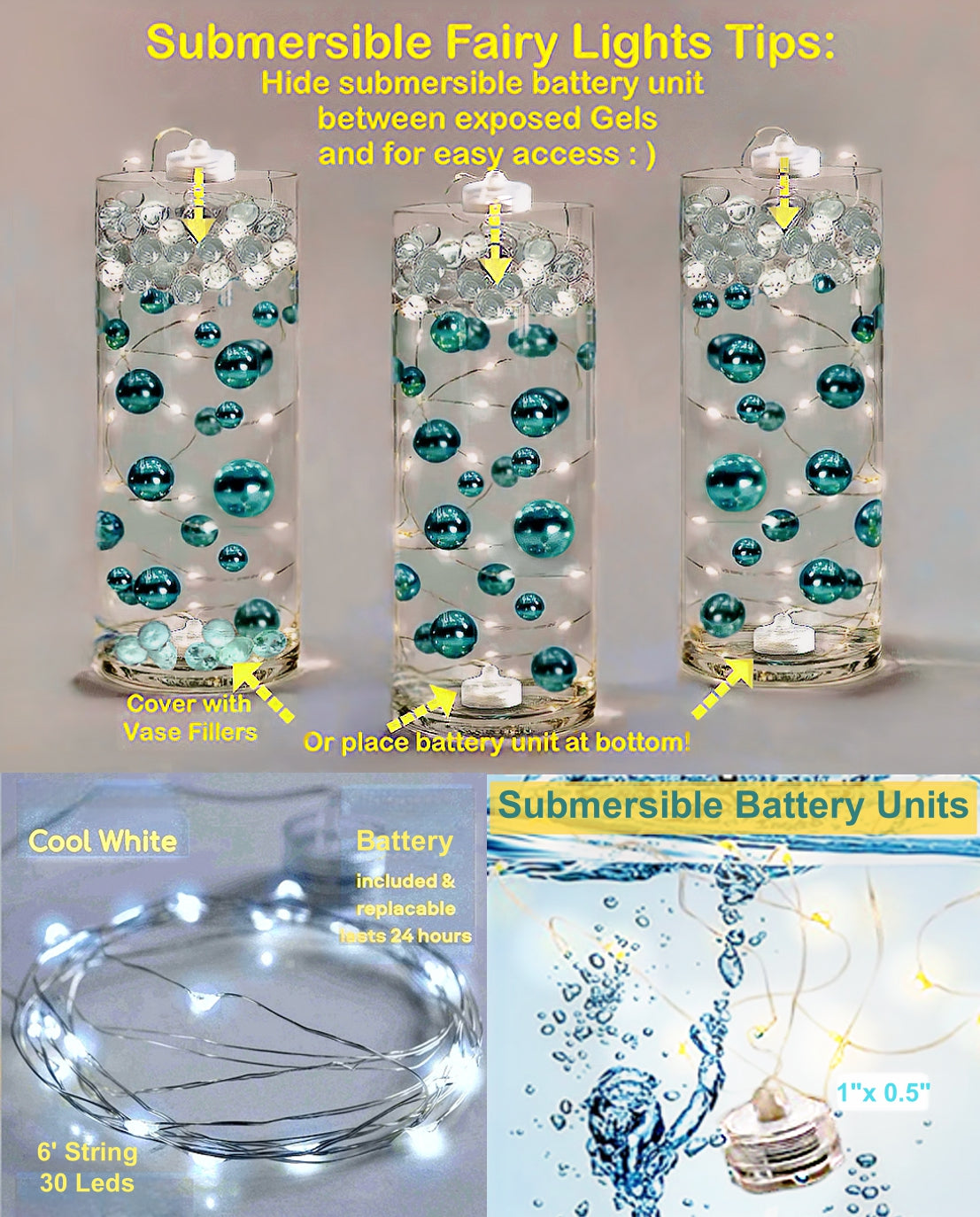 50 Blue Floating Stars-Sparkling Large Size-Fills 1 Gallon for Your Vases-Including Transparent Floating Gels Kit-Option 3 Submersible LED Fairy Lights Strings with Hidable and Submersible Battery