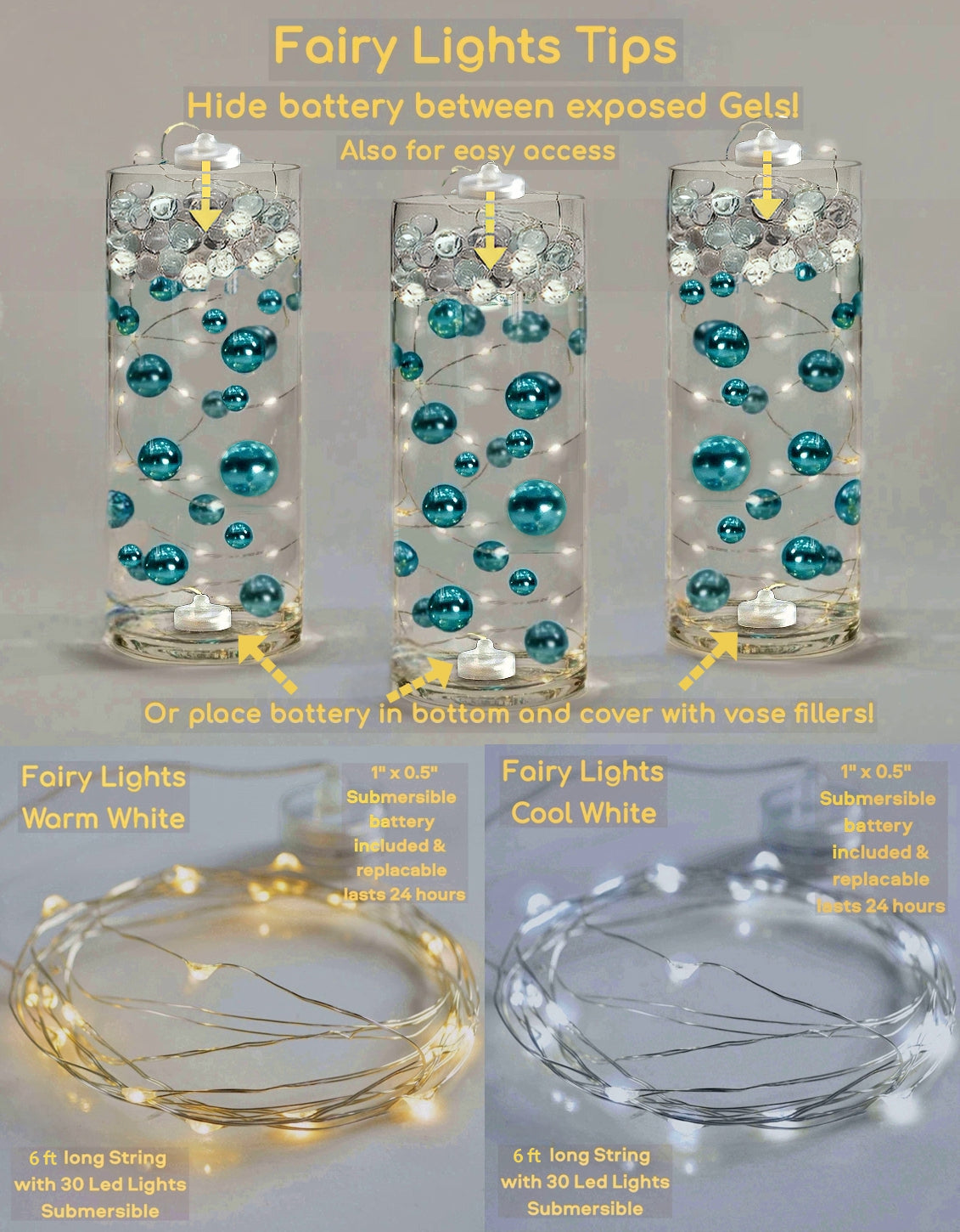 50 Floating Turquoise Blue/Teal Pearls-Fills 1 Gallon of The Transparent Gels for The Floating Effect-With Measured Gels Prep Bag-Option of 3 Fairy Lights Strings