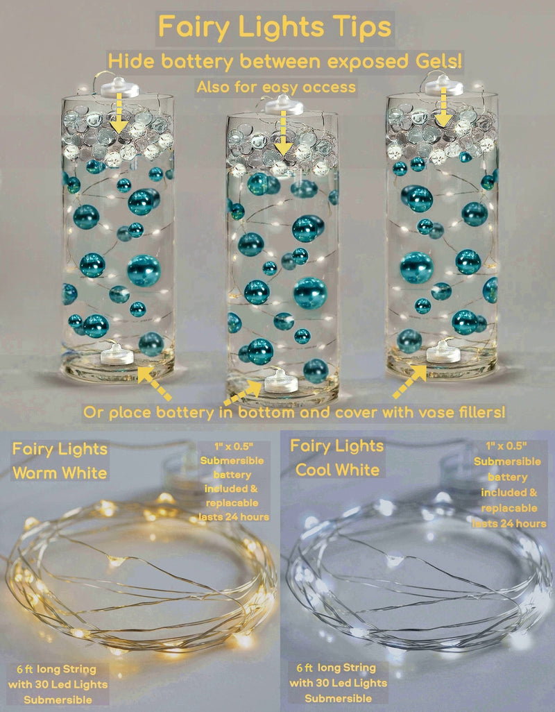 50 Floating Turquoise Blue/Teal Pearls-Fills 1 Gallon of The Transparent Gels for The Floating Effect-With Measured Gels Prep Bag-Option of 3 Fairy Lights Strings