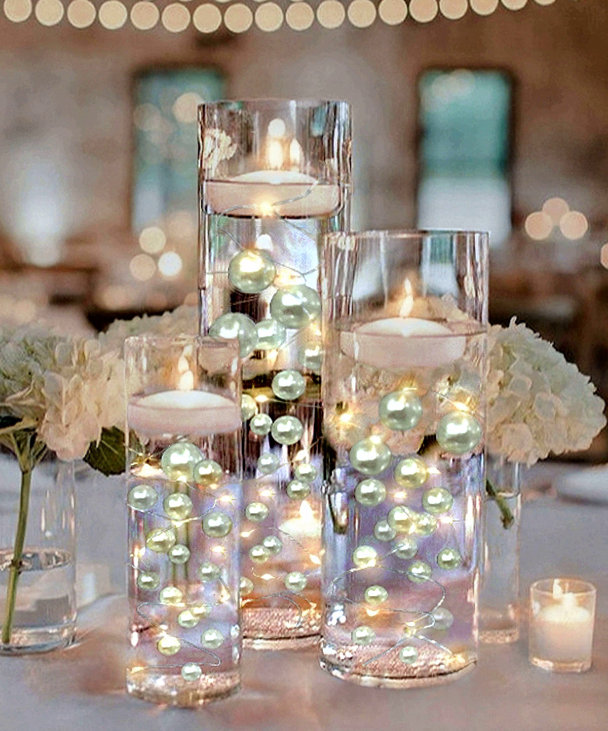 75 Floating White Pearls - Large Sizes - Fills 1 Gallon of the Transparent Water Gels for the Floating Effect- With Exclusive Measured Prep Bags - Option: 3 Submersible Fairy Lights Strings