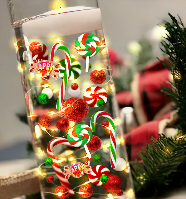 50 Floating Christmas Red/Green Candy Canes-Peppermints-Lollipops-Pearls-Fills 4 Medium Size Vases-With Measured Floating Gels Kit/Prep Bag-Option of 3 Submersible Fairy Lights