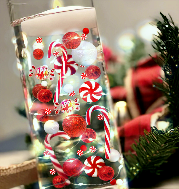 50 Floating Christmas Red/White Candy Canes-Peppermints-Candy-Pearls-Fills 4 Medium Size Vases-Including the Floating Gels- With Option of 3 Submersible Fairy Lights