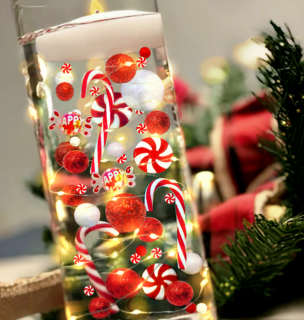 50 Floating Christmas Red/White Candy Canes-Peppermints-Candy-Pearls-Fills 4 Medium Size Vases-Including the Floating Gels- With Option of 3 Submersible Fairy Lights