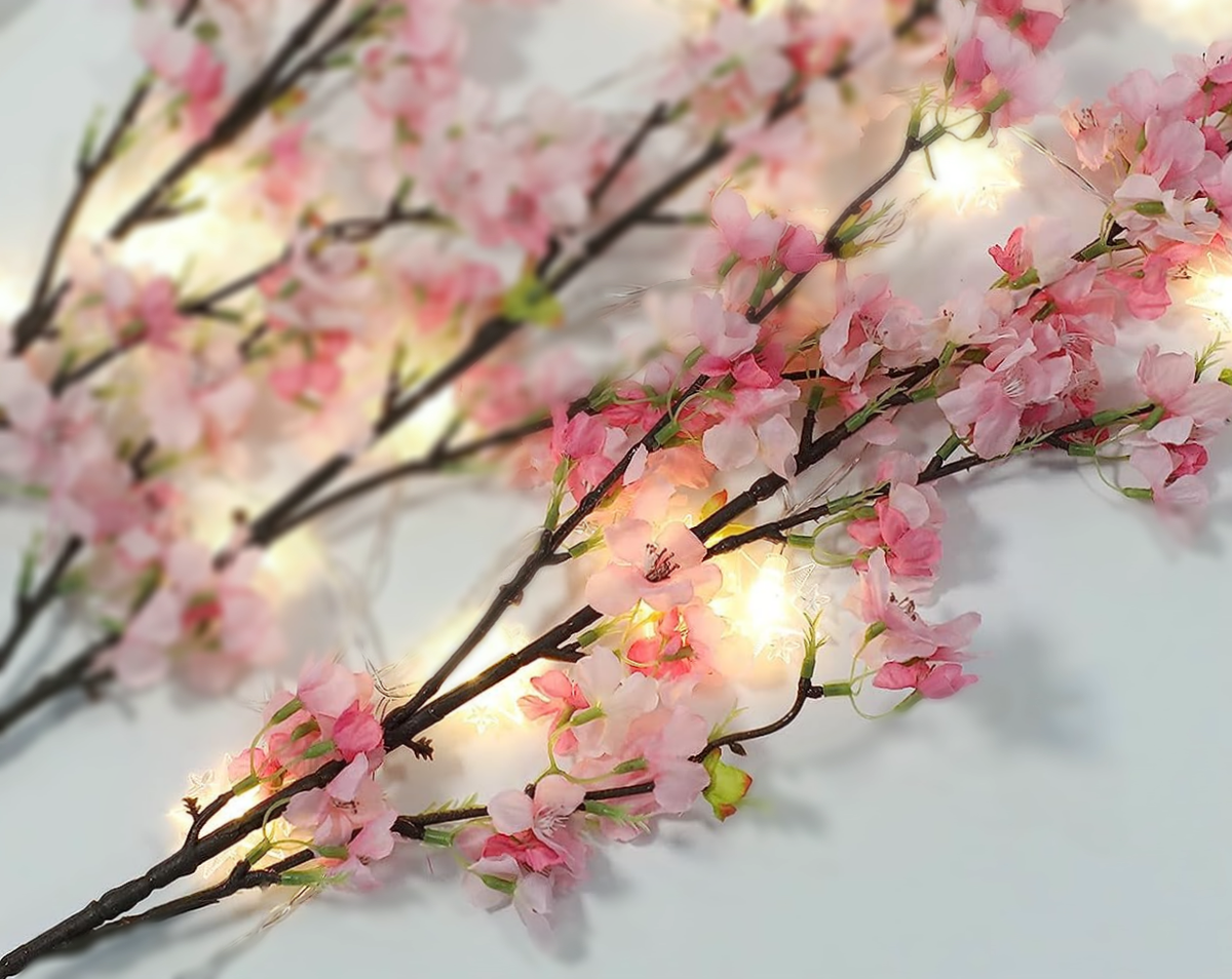60 Floating Pink Cherry Blossoms Flowers, Matching Pebbles, and Pearls- Fills 1 Gallon of the Transparent Water Gels for your Vases- With Measured Prep Bag- Option of 3 Submersible Fairy Lights Strings