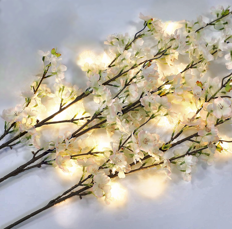 60 Floating Ivory White Light Pink Cherry Blossoms Flowers- Matching Pebbles & Pearls- Fills 1 Gallon of the Floating Transparent Water Gels for Your Vases- With Exclusive Measured Prep Bag- And Option of 3 Submersible Fairy Lights Strings