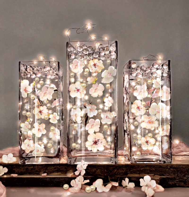 60 Floating Ivory White Light Pink Cherry Blossoms Flowers- Matching Pebbles & Pearls- Fills 1 Gallon of the Floating Transparent Water Gels for Your Vases- With Exclusive Measured Prep Bag- And Option of 3 Submersible Fairy Lights Strings