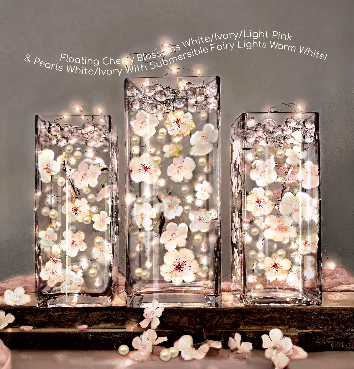 60 Floating Ivory White Light Pink Cherry Blossoms Flowers- Matching Pebbles & Pearls- Fills 1 Gallon of the Floating Transparent Water Gels for Your Vases- With Exclusive Measured Prep Bag- And Option of 3 Submersible Fairy Lights Strings