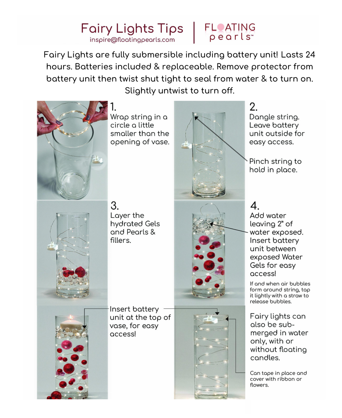 30 Led Fairy Lights on Each String- 3 Strings- Submersible String & Battery- Exclusive Garlands for Vases- Choice of Cool White or Warm White Glow
