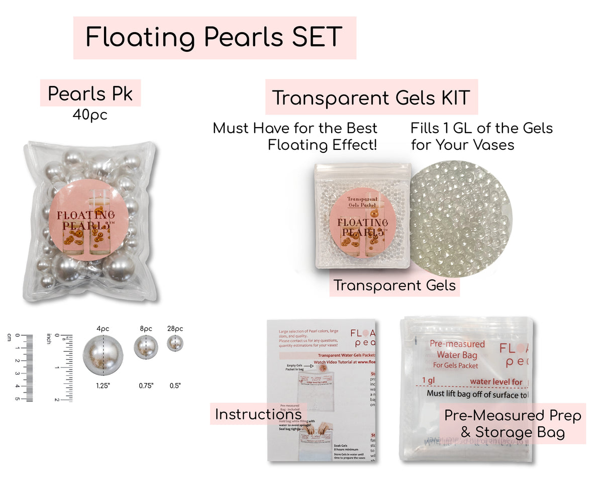 Floating Glitter Silver Pearls- Jumbo Sizes- Fills 1 Gallon for Your Vases- Including Transparent Water Gels for the Floating Effect- With Option of 3 Submersible Fairy Lights