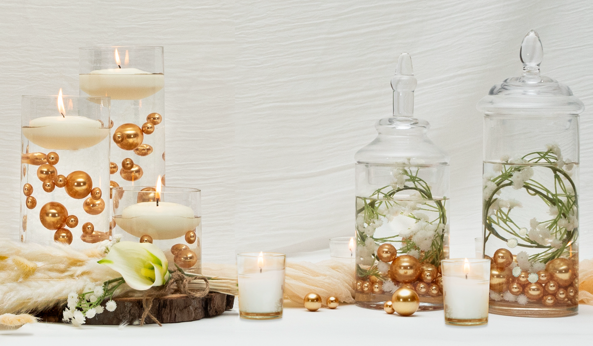 75 Floating Gold Pearls Large Sizes- Fills 1 Gallon of The Floating Transparent Water Gels for Your Vases- 3 Submersible Fairy Lights Strings