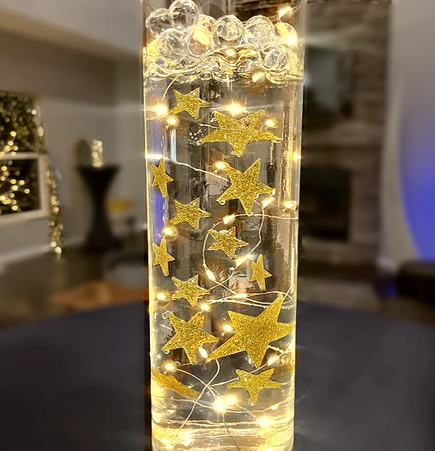 50 Floating Gold Stars- Sparkling- Large Sizes- Fills 1 Gallon of the Transparent Floating Gels for Your Vases- With Pre-Measured Prep Bags- Option of 3 Submersible Fairy Lights Strings