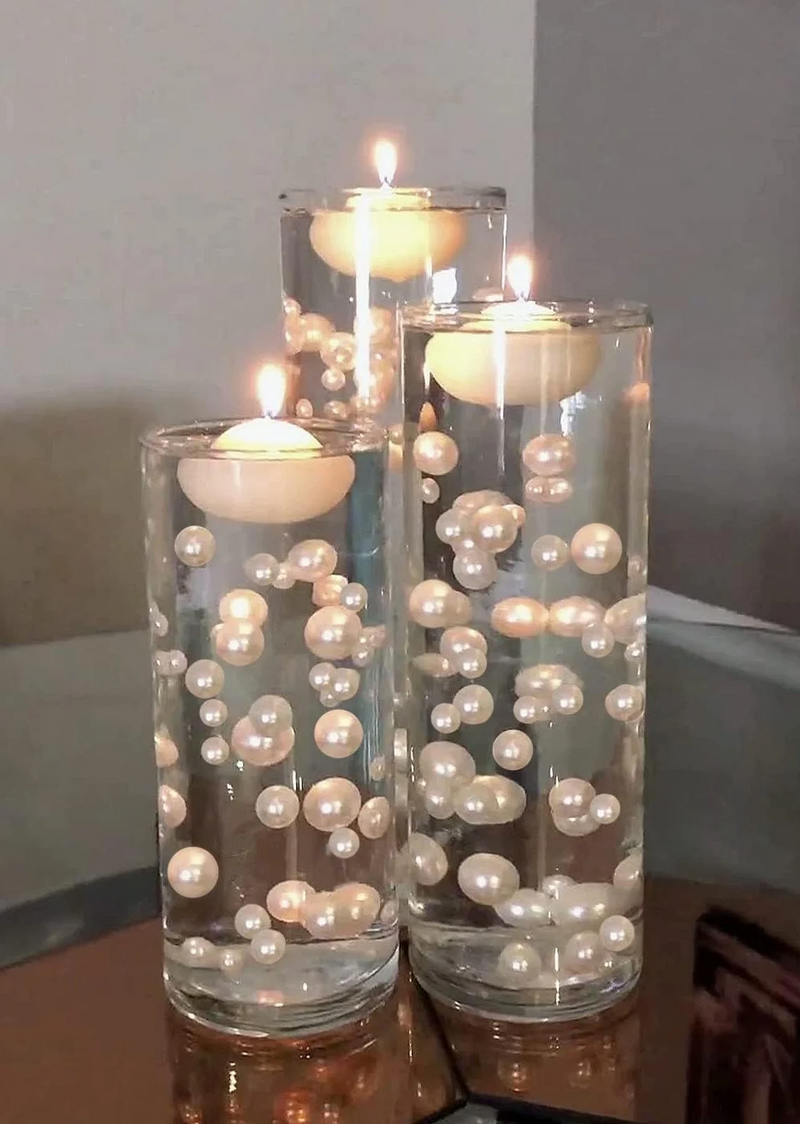 100 Floating Ivory Pearls and Ivory Gems - Large Sizes - Fills 2 Gallons of the Transparent Water Gels for the Floating Effect- With Exclusive Measured Prep Bags - Option: 6 Submersible Fairy Lights Strings