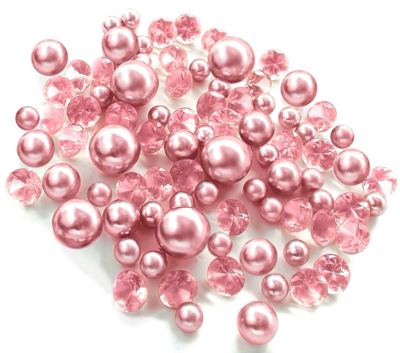 100 Floating Light Pink Pearls with Pink Sparkling Gems- Large Sizes- Fills 2 Gallons of The Floating Transparent Water Gels for Your Vases- Option: 6 Submersible Fairy Lights Strings