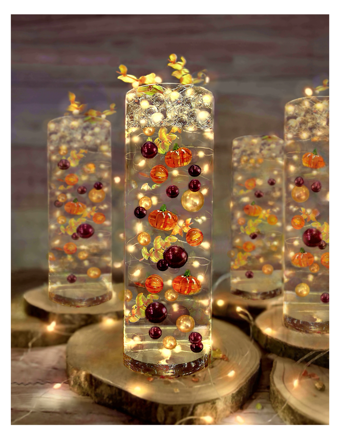 50 Fall Thanksgiving Floating Glowing Pumpkins, Leaves, and Pearls- Fills 1 Gallon of the Floating Transparent Gels for Your Vases- Option: 3 Fully Submersible Fairy Lights Strings