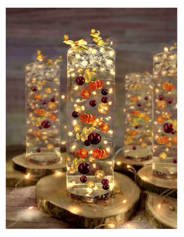50 Fall Thanksgiving Floating Glowing Pumpkins, Leaves, and Pearls- Fills 1 Gallon of the Floating Transparent Gels for Your Vases- Option: 3 Fully Submersible Fairy Lights Strings