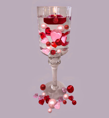 75 Floating Red Hearts & Pink Hearts With Matching Floating Pearls-Fills 1 Gallon of the Transparent Gels for Floating Effect-With Exclusive Floating Gels measured Prep Bag-Option:3 Submersible Fairy Lights Strings