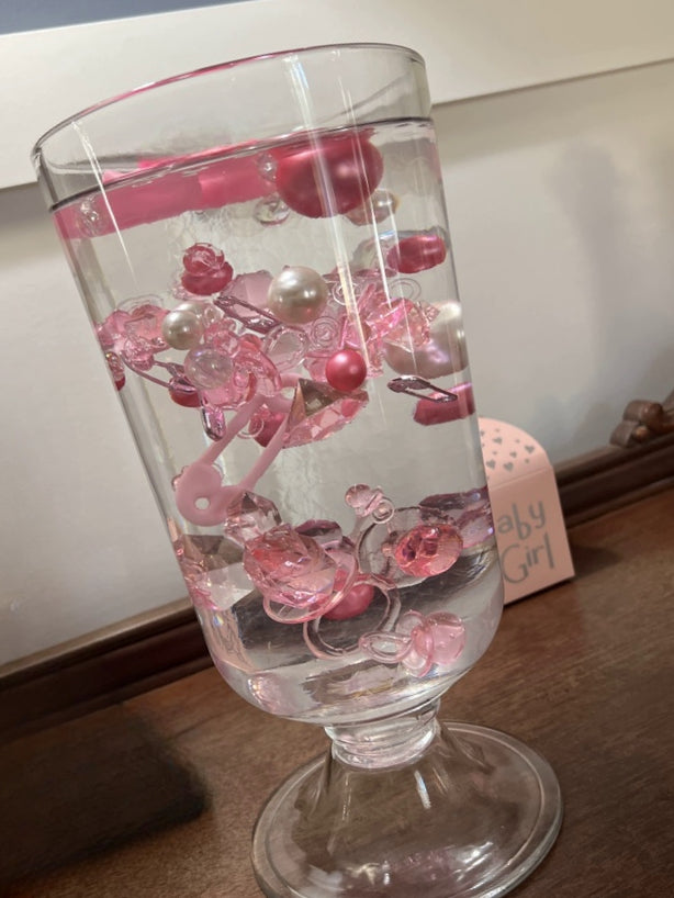 60 Floating Pink Baby Shower Pacifiers, Safety Pins, Vintage Lace Umbrella- Fills 1 Gallon of Floating Gels for Your Vases- Including the Transparent Gels For the Floating Effect- With Measured Prep Bag- Option 3 Submersible Fairy Lights Strings