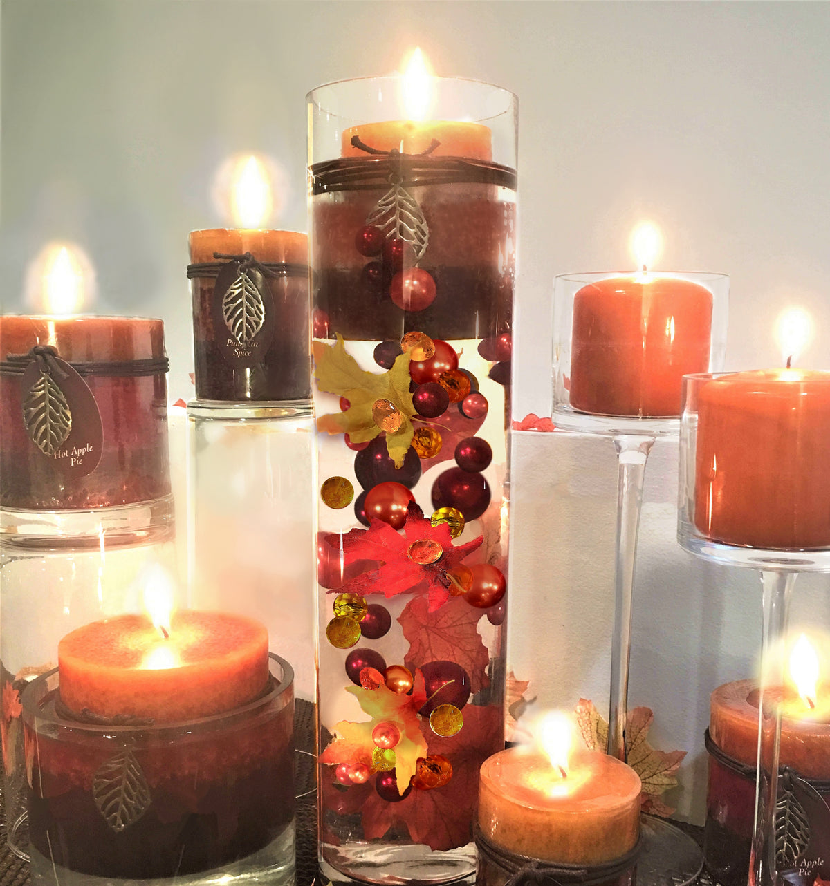 50 Floating Realistic Fall Leaves- Pumpkins- Mums & Pearls- Large sizes- Fills 1 Gallon of The Transparent Water Gels for Vases- With Pre-Measured Prep Bag- Option 3 Fully Submersible Fairy Lights Strings