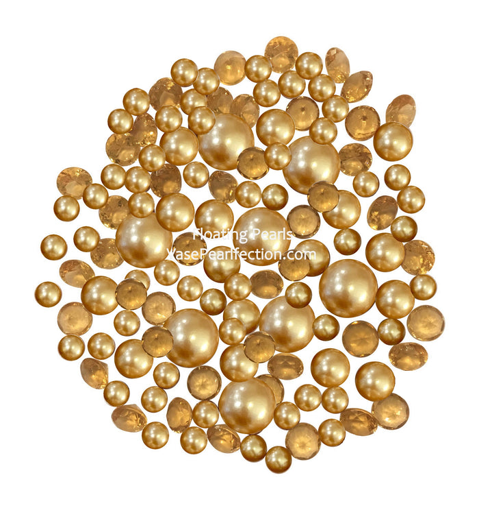 100 Floating Gold Pearls with Gold Sparkling Gems- Large Sizes- Fills 2 Gallons of The Floating Transparent Water Gels for Your Vases- Option: 6 Submersible Fairy Lights Strings