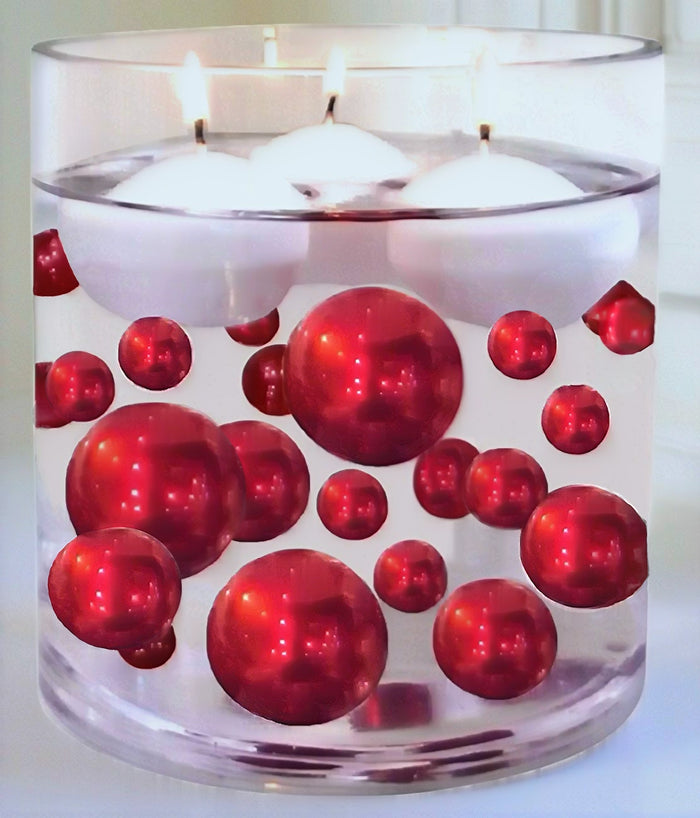 100 Floating Red Pearls and Sparkling Gems- Large Sizes- Option of 3 Submersible Fairy Lights Strings Hidable Submersible Batteries- 2 Gallons of Transparent Water Gels for Vases